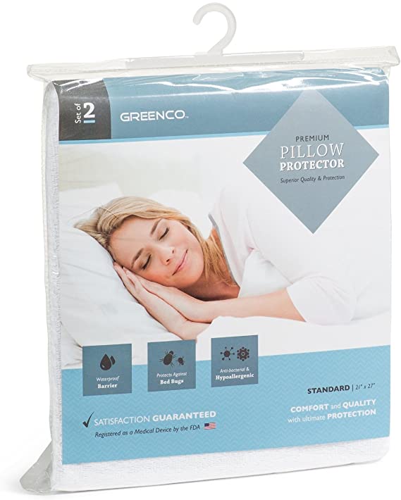 Greenco Premium Hypoallergenic Bed Bug, dust mites Proof Zippered Waterproof , Pillow Protector, Terry Surface, Set of 2, Standard Size (21 x 27 Inches)