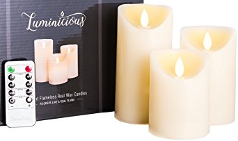 LUMINICIOUS™ FLAMELESS CANDLES | life-like flickering LED flame, electric battery operated with remote control & timer | Real Wax Pillar Candles, Ivory set of 3 (size 4" 5" 6"). PERFECT GIFT