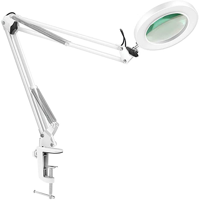 Topsky LED Magnifying Desk Lamp, 5X Magnifier 10 Brightness Levels Dimmable 3-Colour Modes with Adjustable Extended Metal Arm for Reading/Needlework/Crafts (White)