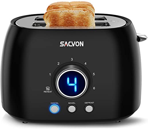 2 Slice Toaster, SACVON Stainless Steel Toaster with Big Timer, Wide Slot Bagel Defrost Reheat Cancel Function, Removable Tray