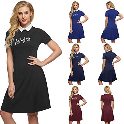 ACEVOG Women Contrast Doll Collar Short Sleeves Flare Pleated A-line Dress