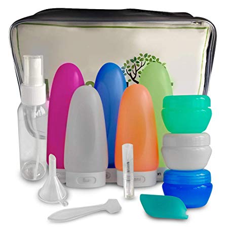 Travel Bottles, Squeezable Silicone Leakproof Carry On Luggage Container Set for Toiletries and Cosmetics Under 100ml with Clear Toiletry Bag and Spray Bottles, TSA & British Security Approved 14 Pack