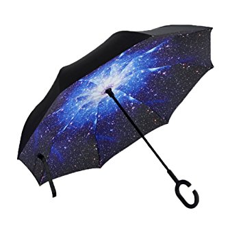 Inverted Umbrella, Windproof Reverse Double Layer Umbrella with C-shaped Hands Free Handle for Car in Rain UV Protection