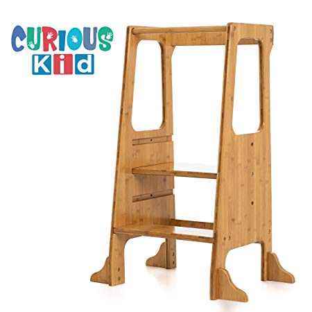 Curious Kid Kitchen Helper Stool Made from Bamboo for Superior Strength - Perfect Learning Tower for Kids, Toddlers, and Small Children. 3 Adjustable Heights for Kids of All Ages.