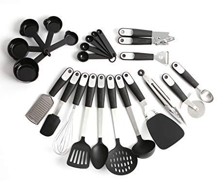 REDKOCO - 23 Piece Premium Stainless Steel Kitchen Utensils with Nylon Heads – Ultra Resilient and Cookware Set Pizza Cutter, Measuring Cups, Whisk, Tongs, Grater, Turner etc