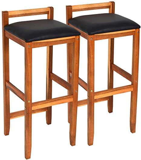 COSTWAY Set of 2 Solid Wood Bar Stool, Counter Height Stool, Acacia Bar Chair Set, with Foot Brace Bar, Protective Backrest, Stable Legs, Ideal for Kitchen, Café, Restaurant, Bar and Hotel