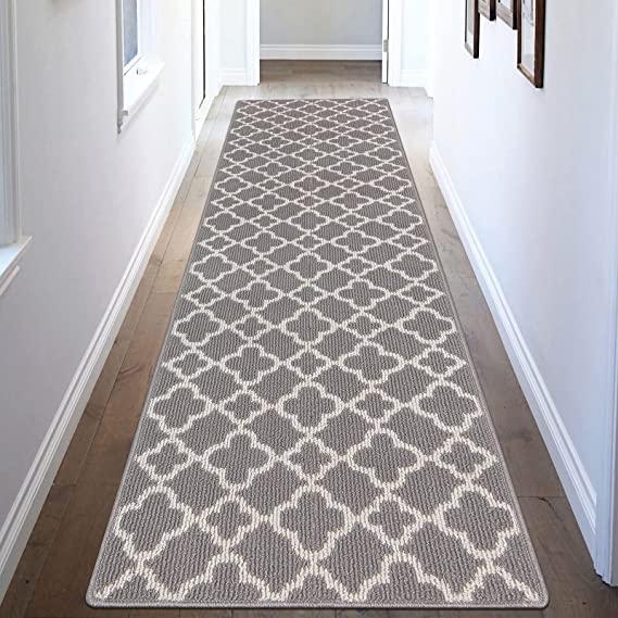 U'Artlines Moroccan Trellis Runner Rug for Hallway 2'x8' Extended Farmhouse Laundry Room Mat with Non Slip Rubber Backing Washable Throw Rug Area Rug for Kitchen Entryway Office Long Corridor(R Grey)