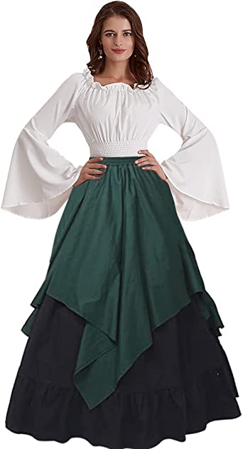 Abaowedding Women's Medieval Dress Retro Renaissance Costumes Irish Trumpet Sleeve Round Neck Peasant Long Gown