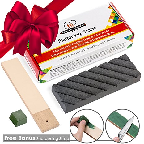 Flattening Stone - The Best Way to Re-Level Sharpening Stones or Waterstones - also known as a Whetstone Fixer, Lapping Plate, Nagura Stone, or Grinding Stone - with BONUS Leather Strop and Compound