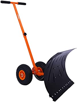 Snow Shovel with Wheels for Driveway Doorway, Ohuhu Heavy Duty Metal Snow Pusher with Adjustable Height & Angle, Rolling Snow Plow for Snow Removal, Wheeled Efficient Snow Shovel with Large Blade Plow