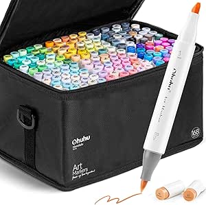 Ohuhu Alcohol Brush Markers 168-color Art Marker Set Double Tipped Alcohol-based Markers for Artist Adults Coloring Illustration -Brush & Chisel-Comes w/ 1 Alcohol Marker Blender-Honolulu Series