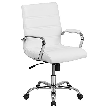 MFO Mid-Back White Leather Executive Swivel Office Chair with Chrome Arms