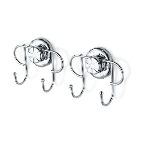 Aprince Set of 2 Stainless Steel Hook Holder Vacuum Double Hook Hanger with Rotate and Lock Suction Cups for Bathroom Kitchen Bed Room Style 3 - Set of 2