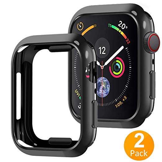 Tensea Compatible with Apple Watch Series 4 Case 44mm, 2 Pack Resilient Shock Absorption Protective Bumper Case Soft Flexible TPU Cover Replacement for iwatch Apple Watch Case Series 4 (Black, 44mm)