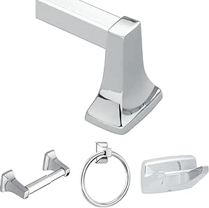 Bundle of Moen Contemporary Chrome 24-Inch Towel Bar, 2224   Spring Toilet Paper Holder, P5050   6.25-Inch Hand-Towel Ring, P5860, and Robe Hook, P5030