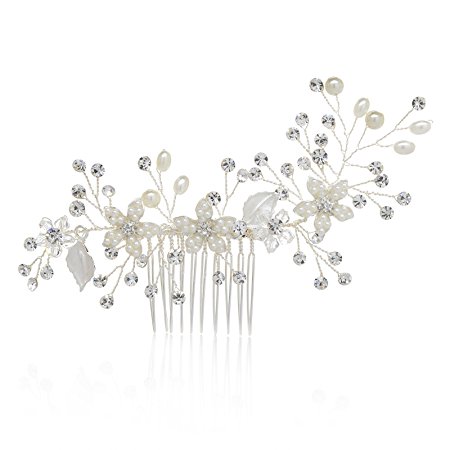 SWEETV Handmade Wedding Hair Comb Pearl Flower Bridal Comb Rhinestone Hair Accessories, Silver