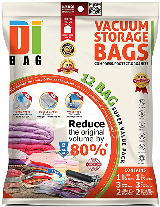 Space Saver Vacuum Storage Bags - 12 Premium Travel Space Bags - Bag Size: Jumbo XL Large & Medium - 2X Sealed Compression Plastic Bags For Clothing Storage , Clothes bedding & Packing - DIBAG