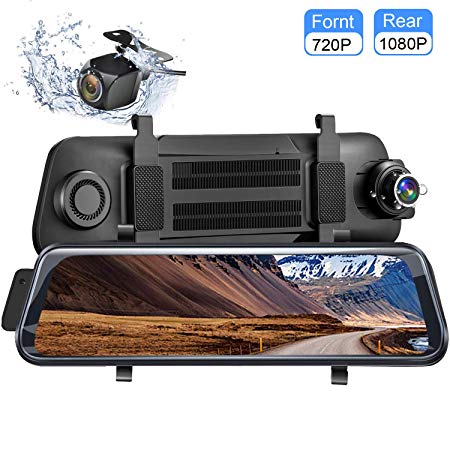 Mirror Dash Cam, 10" HD Backup Camera, Dash Cam Touch Screen 1080P and 150°Wide Angle Rear Full Touch Screen Rear View Mirror Camera, Waterproof Dash Camera, Night Vision Front Camera Recorder