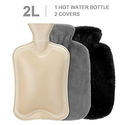 Hot Water Bottle - Premium Natural Rubber Hot Water Bag with 2 Pack Soft Plush Cover Removable & Washable, Large 2L Capacity - Great for Keep Warm Hot Compress Heat Therapy and Quick Pain Relief