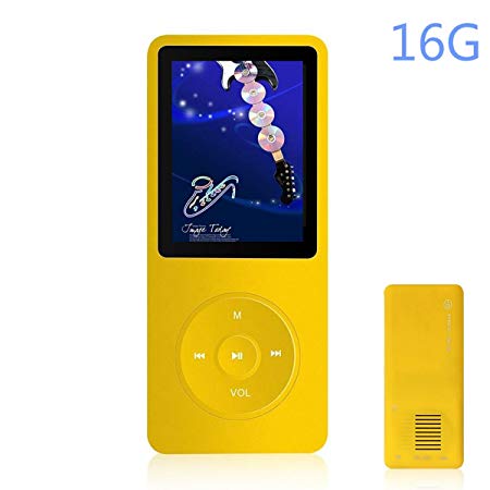 HONGYU 16GB MP3/MP4 Music Player Hi-Fi Sound 50 Hours Playback, 1.8 Inch Screen Portable Audio Player Built-in Speaker, Expandable Up to 64GB with FM Radio Voice Recorder (Yellow)