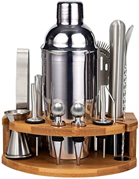 FOVERN1 Cocktail Shaker Set Bartender Kit, 15 Pieces Home Bar Tool Set with Bamboo Stand 25 oz Professional Stainless Steel Martini Shaker with Cocktail Recipes Booklet