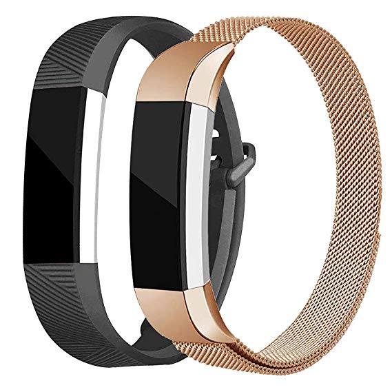 AKALE Replacement Bands Compatible for Fitbit Alta/Alta HR, Stainless Steel Metal Strap and Extra Silicone Replacement Bands (Rose Gold   Black Small)