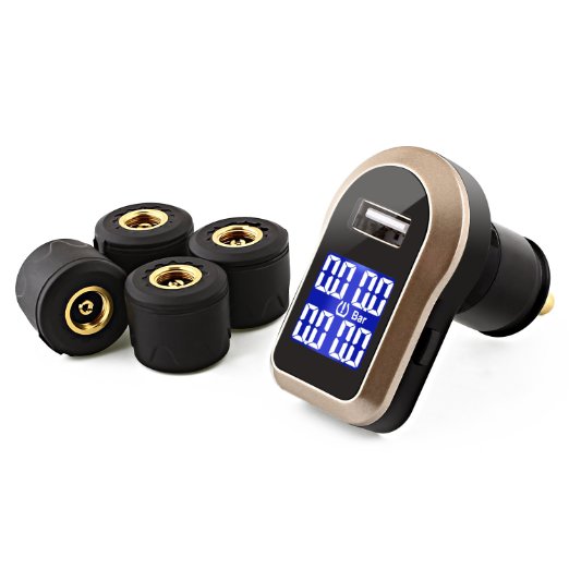 SNAN Tire Pressure Monitoring System Wireless TPMS with Alarm Function and USB Interface Tire Pressure and Temperature Gauge with 4 External Sensors