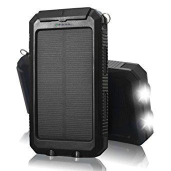 QueenAcc 10000mAh Solar Charger Solar Phone Charger Water/Shock/Dust proof Solar Power Bank with LED Flashlight Dual USB Port Battery Charger for Portable for Smart phone and Other USB Devices(Black)
