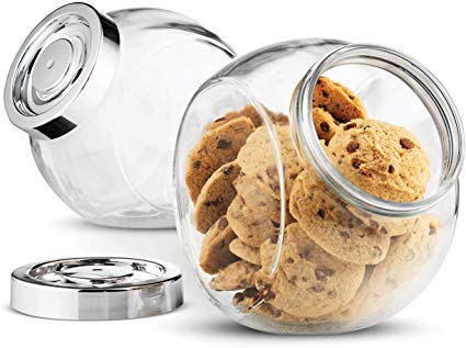 Bormioli Rocco PANDORA Glass Candy Jar 75 ½ Ounce Cookie Jar (2 Pack) With Plastic Airtight Seal Screw-on Lid 2 Ways Display, Bulk Food Storage Jar for Snacks, Dry Food, Jelly Beans Canister, Clear