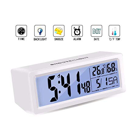 Digital Alarm Clock Bedside - Sendida Desk LCD Clocks Battery Operated for Bedroom Travel Digital Snooze Clock Touch Sensor Alarm Clock for Kids Heavy Sleepers Time Date Month Temperature Fits Bedroom
