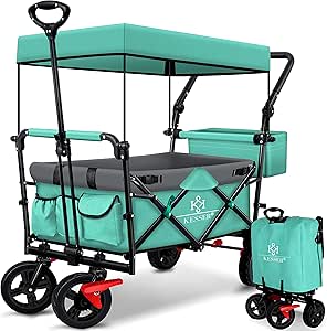 KESSER® Bollerwagen faltbar GT9000 mit Dach Handwagen Transportwagen | inkl. 2X 3-Punkt Gurtsystem| klappbar | Vollgummi-Reifen | bis 80 kg | Vorder- und Hinter-Bremse   Tragetasche, Mint Grün