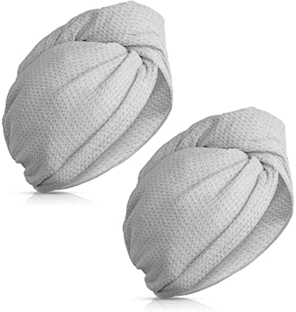 Navaris Microfibre Hair Turban Towels - Pack of 2 Absorbent Waffle Weave Towel Twist Wraps with Button to Dry Hair Faster after Bath or Shower - Grey