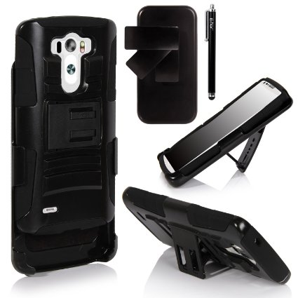 LG G3 Case, E LV LG G3 Case - Full Protection Hybrid Armor Defender Case Cover with belt clip holster Case for LG G3 D830 / D850 / D851 / VS985 with Kickstand and Belt Swivel Clip with 1 E LV Black Stylus