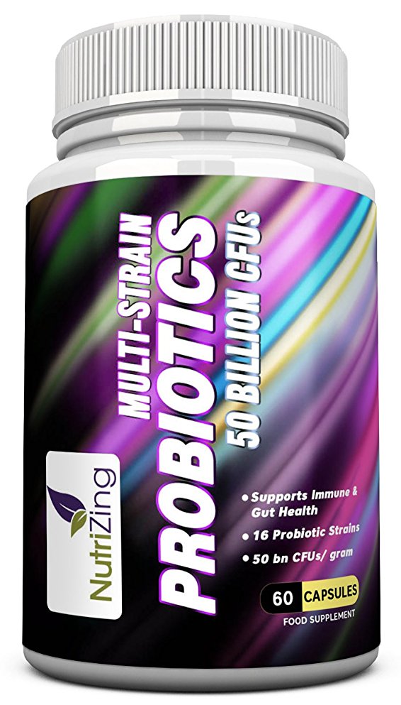 NutriZing's Multi-Strain Probiotic Supplements ~ 16 strains of beneficial live bacteria ~ 50 billion CFU ~ Unique multi strain formula for IBS relief ~ Immune System Booster ~ 100% Vegetarian, Gluten and Caffeine Free ~ Made in UK ~ Effective Treatment against Thrush, Yeast Infections, Acid Reflux ~ Help Digestive Enzymes ~ Works best to improve gut & Colon Cleanse ~ Men & Women Health ~ High Strength