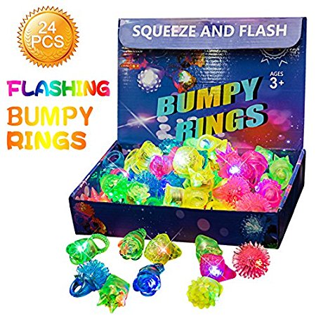 Flashing Light Up Bumpy Ring Toys LED Finger Lights 24 Pack Party Favor Blinking Jelly Rubber Rings