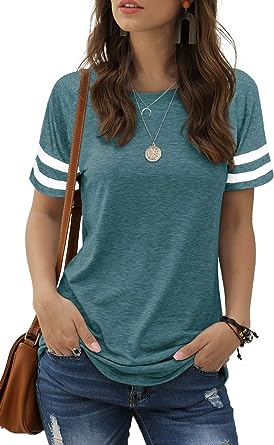 Sieanear Womens T Shirts Short Sleeve Striped Color Block Leopard Casual Tops