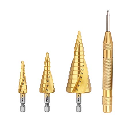 Step Drill, Tacklife PSD3 3pcs HHS Spiral Step Drill Bit 1.5 Times Faster,4-12mm/4-20mm/4-32mm Precision Drilling, High Speed Steel Cone Drill with 127mm Automatic Center Punch, Pagoda with 29 Sizes