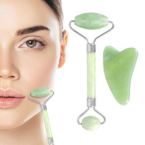 Jade Roller Anti aging Natural Roller for Face and Gua Sha Massage Tool Set, Anti Wrinkles Roller Massager For Face Neck Body