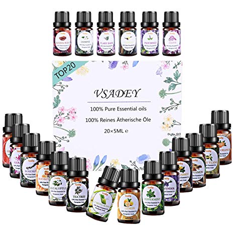 Essential Oils Set 100 Percent Pure Organic Aromatherapy Diffusers Oil Kit(20 x 5ml), Lavender, Eucalyptus, Peppermint, Tea Tree, Sweet Orange, Lemongrass, Jasmine, Rosemary