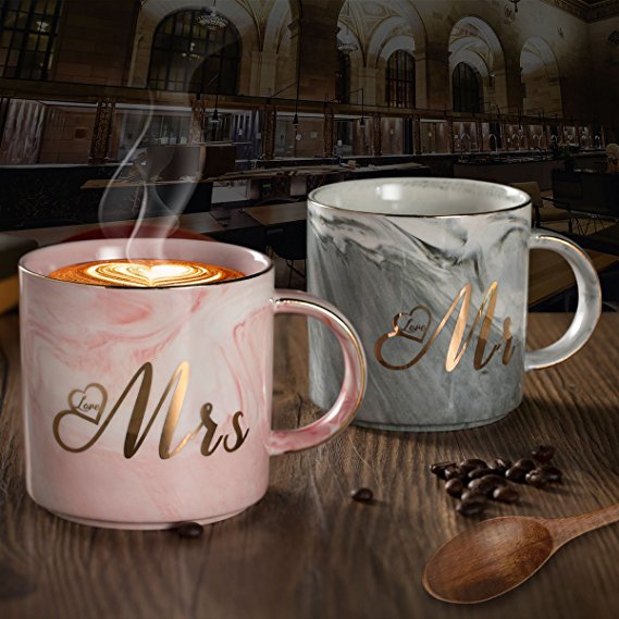 Ylyycc Mr Mrs Ceramic Coffee Mugs - Gift for Wedding Engagement Bridal Shower and Married Couples Anniversary Valentine's day - Marble Cups Set 11.5 oz 2pcs (Mr Mrs-2Gray Pink)