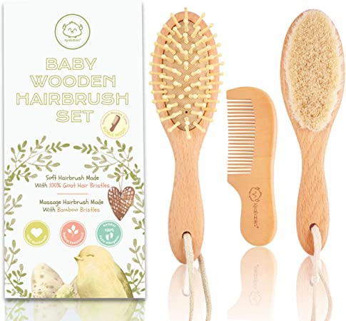 Baby Hair Brush and Comb Set for Newborn - Natural Wooden Hairbrush with Soft Goat Bristles for Cradle Cap - Perfect Scalp Grooming Product for Infant, Toddler, Kids - Baby Registry Gift