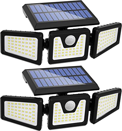 INCX 118 LED Solar Motion Lights Outdoor 2 Pack, 3 Heads Solar Security Lights with Motion Sensor IP65 Waterproof, Flood Lights for Wall, Patio, Garden, Porch, Garage Black
