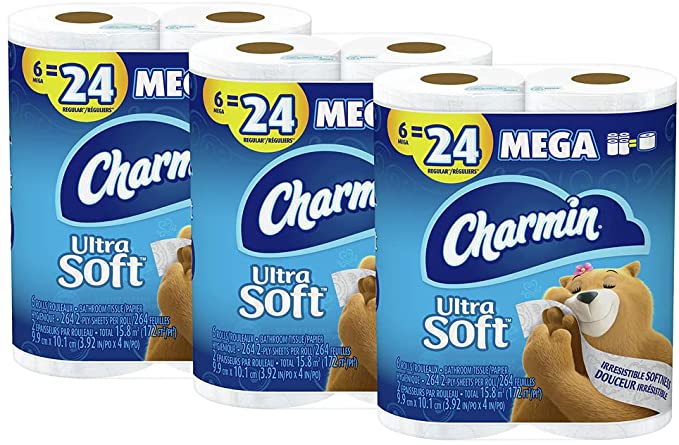 Charmin Ultra Soft Toilet Paper, 18 Mega Roll Bath Tissue, 3 Packs of 6 Mega Rolls, 264 Sheets Per Roll