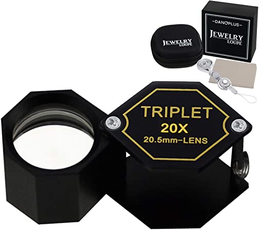 20x Magnifier Jewelry Loupe Triplet Lens 20.5mm Optical Glass Pocket Gem Magnifying Tool for Jeweler, Stamp Philatelist, Coin numismatic, Achromatic Black Hexagonal Design Kit Set