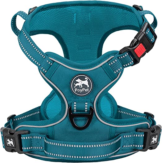 PoyPet No Pull Dog Harness, No Choke Reflective Dog Vest, Adjustable Pet Harnesses with Easy Control Padded Handle for Small Medium Large Dogs(Tumalo Teal,L)