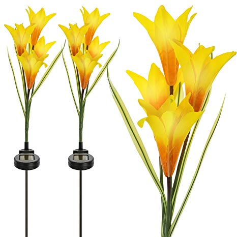 Sorbus Solar Light Flower Lily Stakes, Outdoor LED Garden Flowers for Night Lighting, Solar Path Walkway, Lawn, Garden, Pond, Patio, Gravestones, Special Occasions (2-Pack,Yellow)