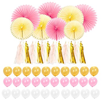 56pc Ivory Pink and Gold Party Supplies 1st Birthday Kit. For Girl Baby Shower Decorations, Bridal Shower Decorations. Pink and Gold Party Decorations for Unicorn Party, Gender Reveal Party Supplies
