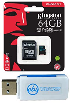 Kingston 64GB SDXC Micro Canvas Go! Memory Card and Adapter Bundle Works with GoPro Hero 7 Black, Silver, Hero7 White Camera (SDCG2/64GB) Plus (1) Everything But Stromboli (TM) TF and SD Card Reader