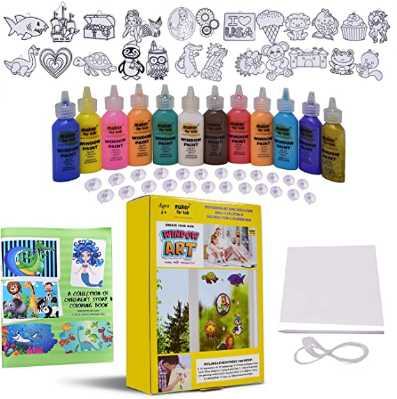 KOKO AROMA Window Paint Art Create Your Own Suncatcher Craft Kit-Boys Girls-Toys Age 6-12 Toddler Children’s DIY Sticker Windows Clings with Fun Story Coloring Book–[24] Sun Catchers[12] Paints Arts