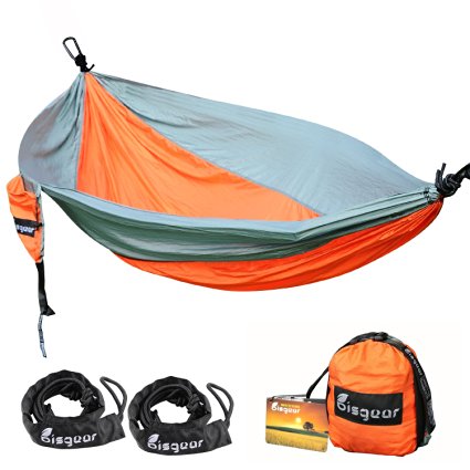 #1 Premium Outdoor Camping Hammock - Bisgear Lightweight Parachute Portable Travel Bed Pro Hammock for Hiking , Backpacking , Beach & Yard with Electrophoresis Carabiners - Nylon Tree Straps